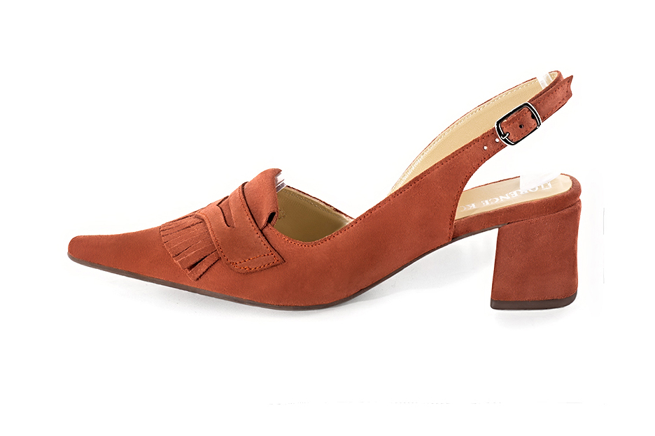 French elegance and refinement for these terracotta orange dress slingback shoes, 
                available in many subtle leather and colour combinations. Fans of originality will appreciate the fringes and the "Offbeat Rock" side.
To be personalized or not, with your materials and colors.  
                Matching clutches for parties, ceremonies and weddings.   
                You can customize these shoes to perfectly match your tastes or needs, and have a unique model.  
                Choice of leathers, colours, knots and heels. 
                Wide range of materials and shades carefully chosen.  
                Rich collection of flat, low, mid and high heels.  
                Small and large shoe sizes - Florence KOOIJMAN